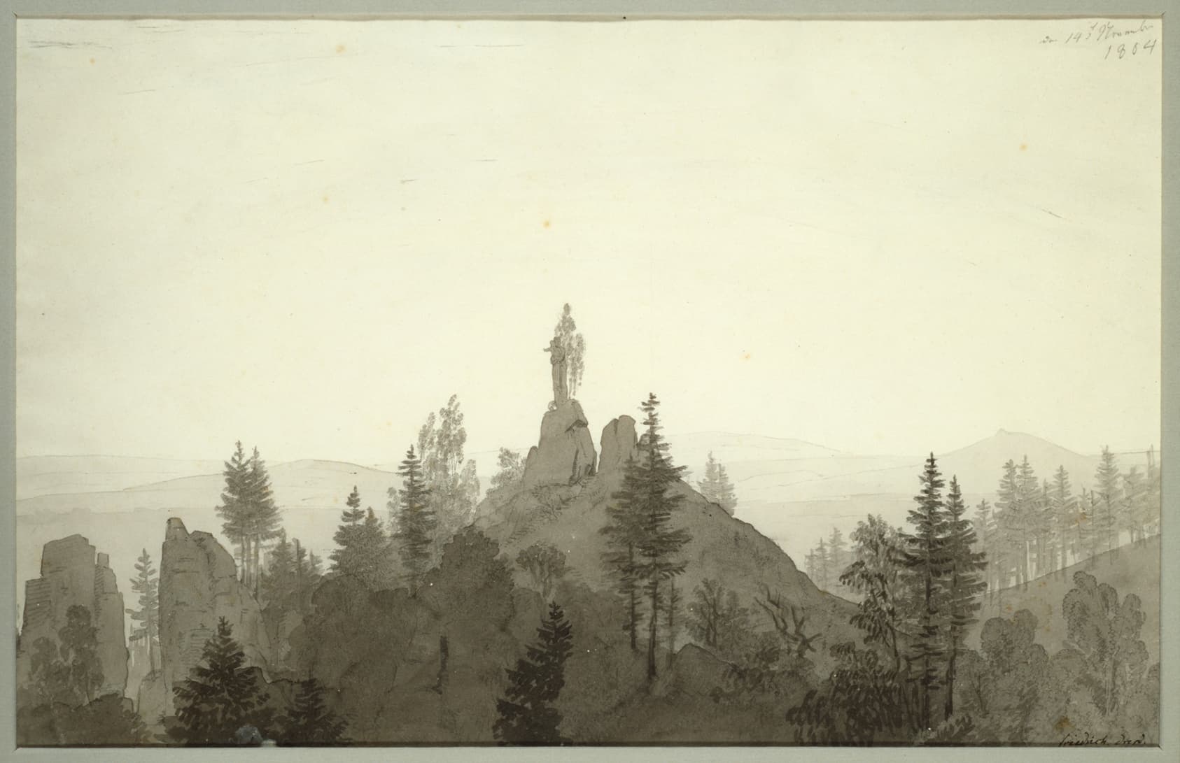 Black ink drawing of forested landscape, statue of woman holding child at pinnacle of mountain.