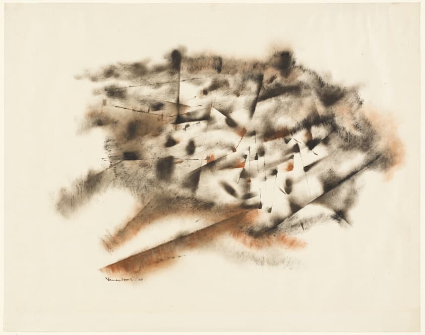 A work made of watercolor and brush and black ink, with pen and brown and black ink, red chalk, and brown pastel, on cream wove paper.