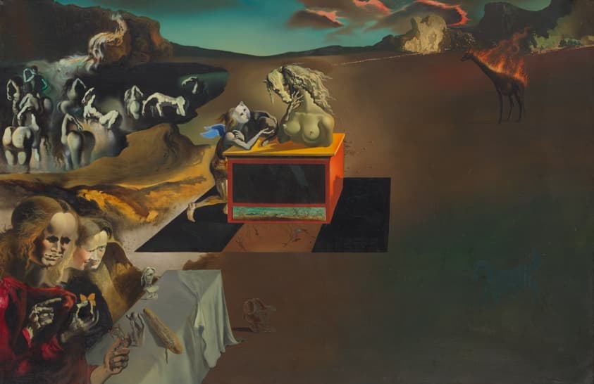 A painting of strange and surreal scene in a desert landscape with mountains in the background. The scene features a giraffe that is on fire, disembodied forms and faces, and skeletal figures.